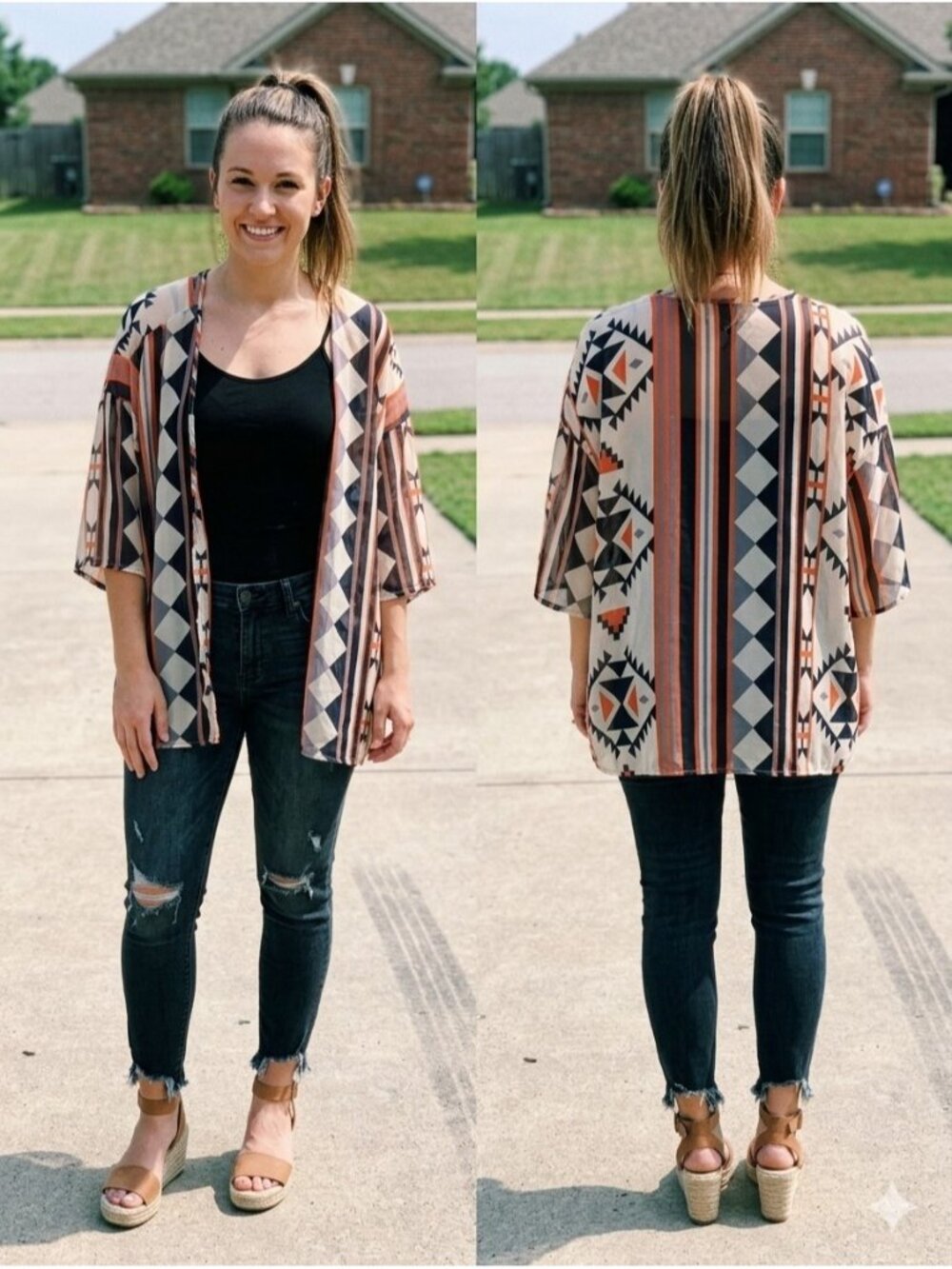 YETTS Los Angeles Aztec Kimono Cardigan Top Women's Sheer Geometric L Coverup